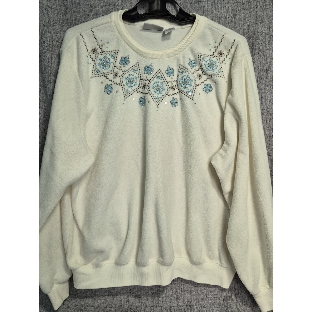 Alfred Dunner Granny Fleece Floral Beaded XL Cottage Sweater Embroidered Cream